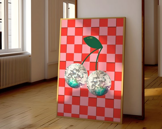 Disco Ball Print Retro Trendy Wall Art Cherries Preppy Dorm Poster Cherry
