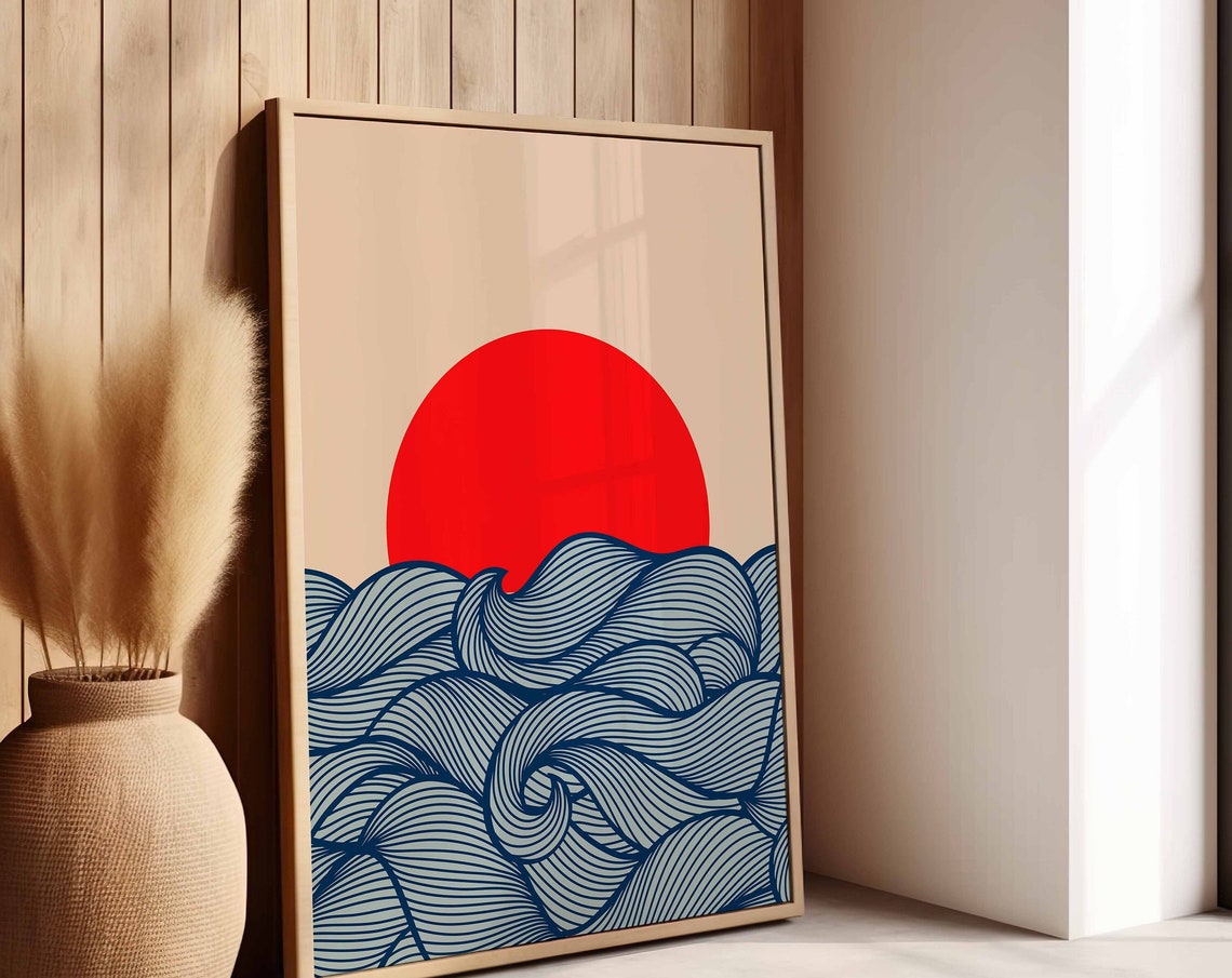 Red Sun Rising Over Stylized Blue Ocean Waves Japanese Poster