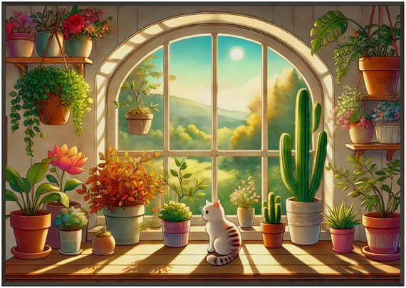 White Cat Sunlit Windowsill Houseplant Cozy Illustration Poster