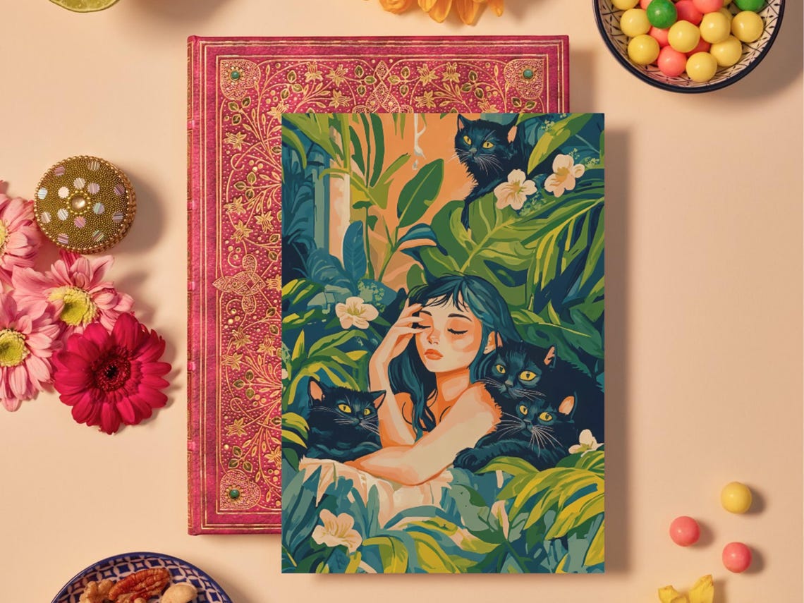 Tropical Jungle Lady With Three Black Cats Maximalist Art Poster - Image 3