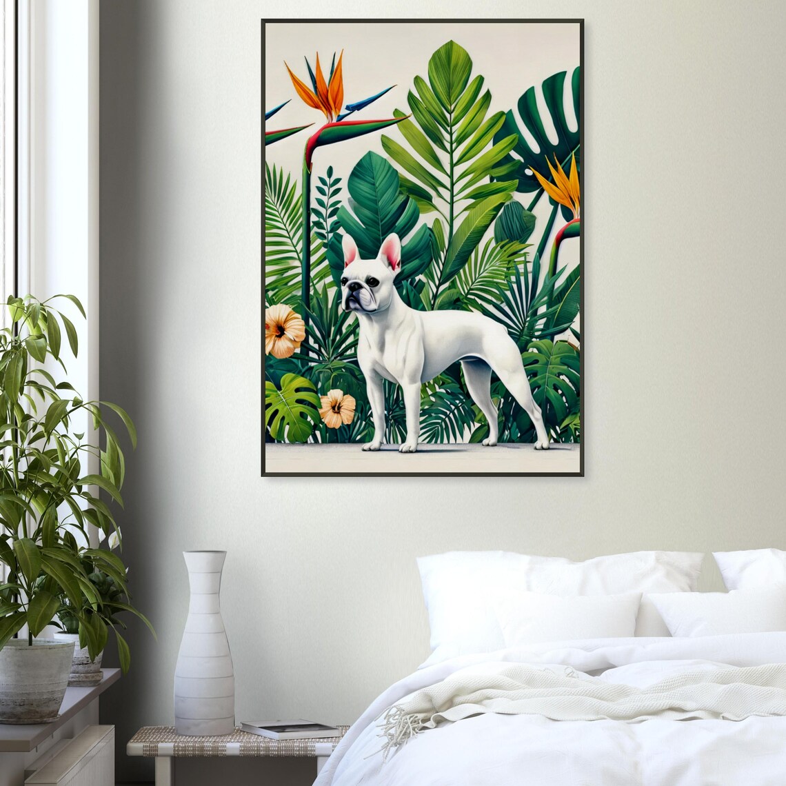 Cute White French Bulldog Tropical Botanical Garden Flower Poster - Image 3