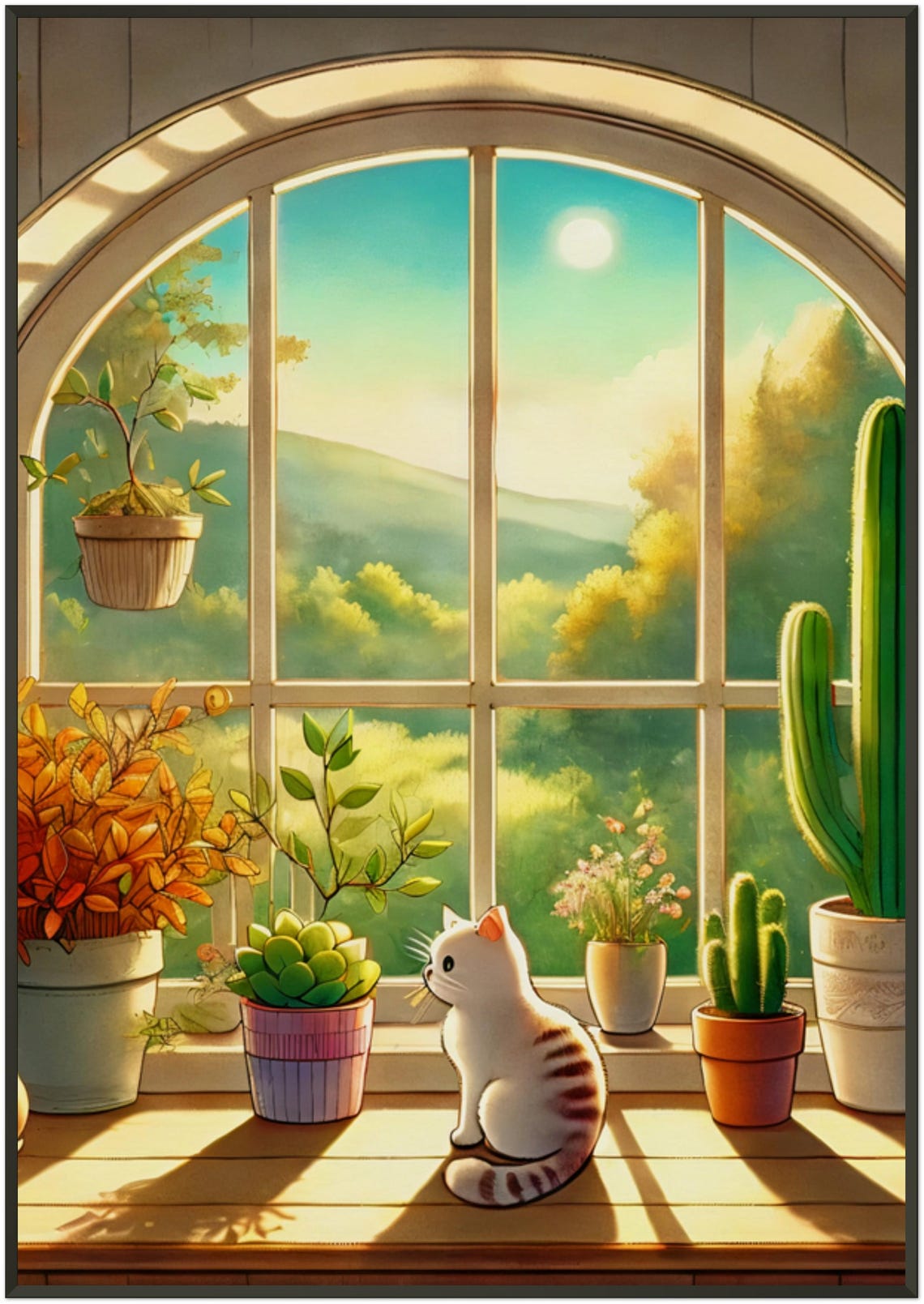 White Cat Sunlit Windowsill Houseplant Cozy Illustration Poster - Image 5