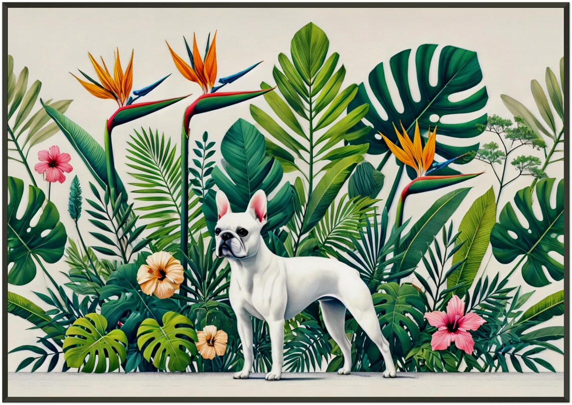 Cute White French Bulldog Tropical Botanical Garden Flower Poster