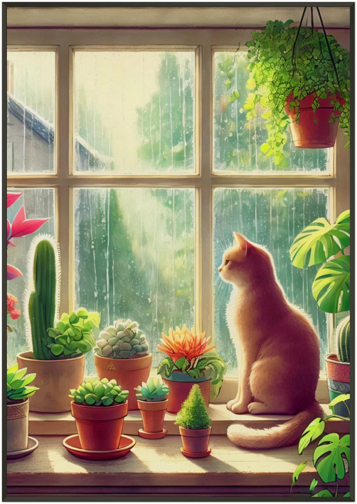 Ginger Cat Watching Rain Windowsill Plants Illustration Poster - Image 5