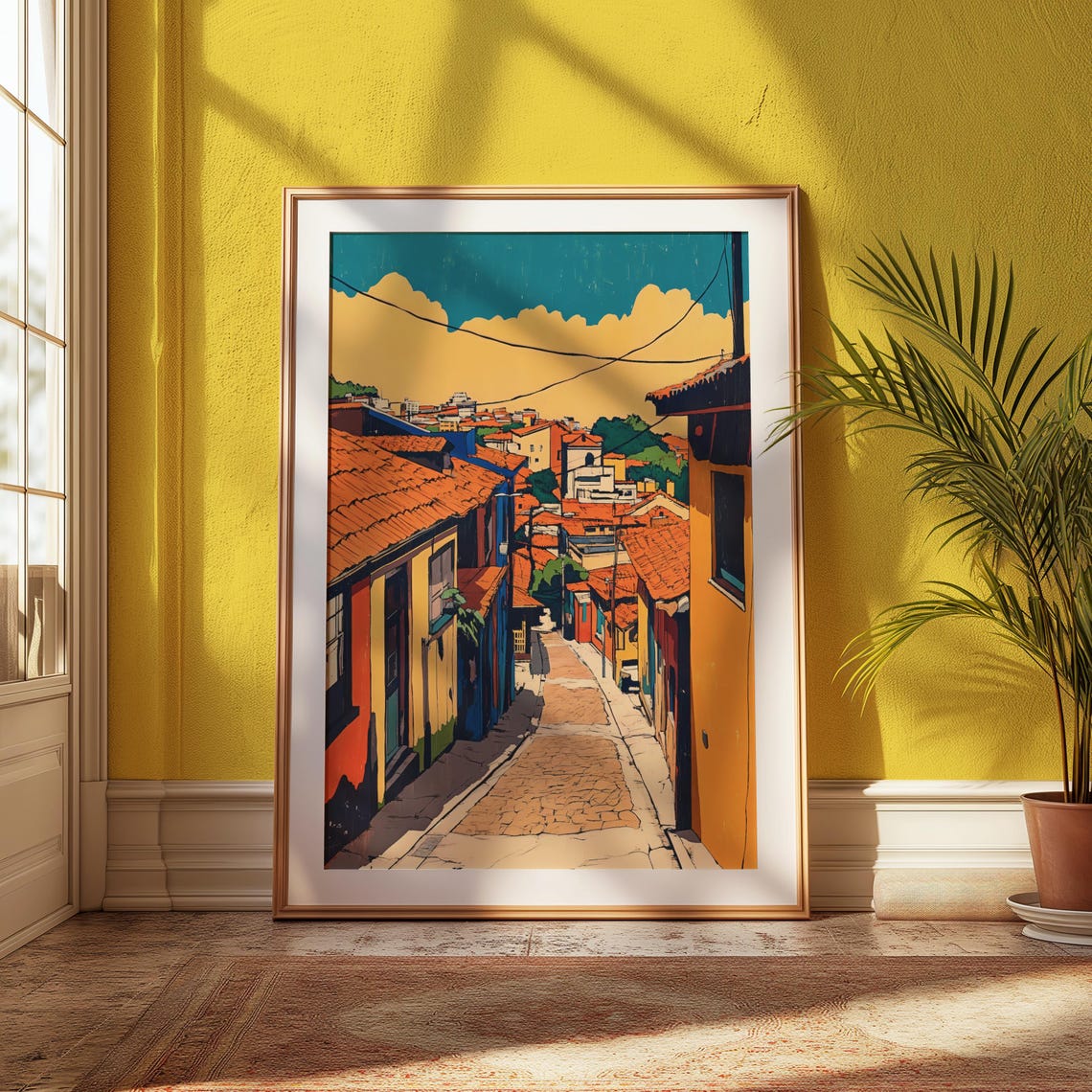 Vibrant Retro Colorful Cobblestone Street Old Town Art Poster - Image 2