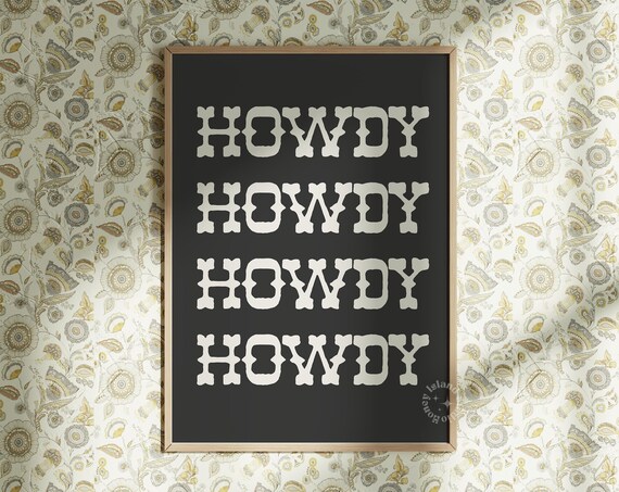 Howdy Western Lettering Repeated Typography Wall Art Decor On Black
