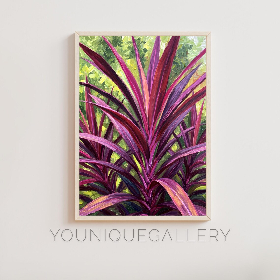 Vibrant Cordyline Ti Plant Oil Painting Purple Pink Tropical Foliage Botanical Wall Art Colorful Plant Print Home Decor