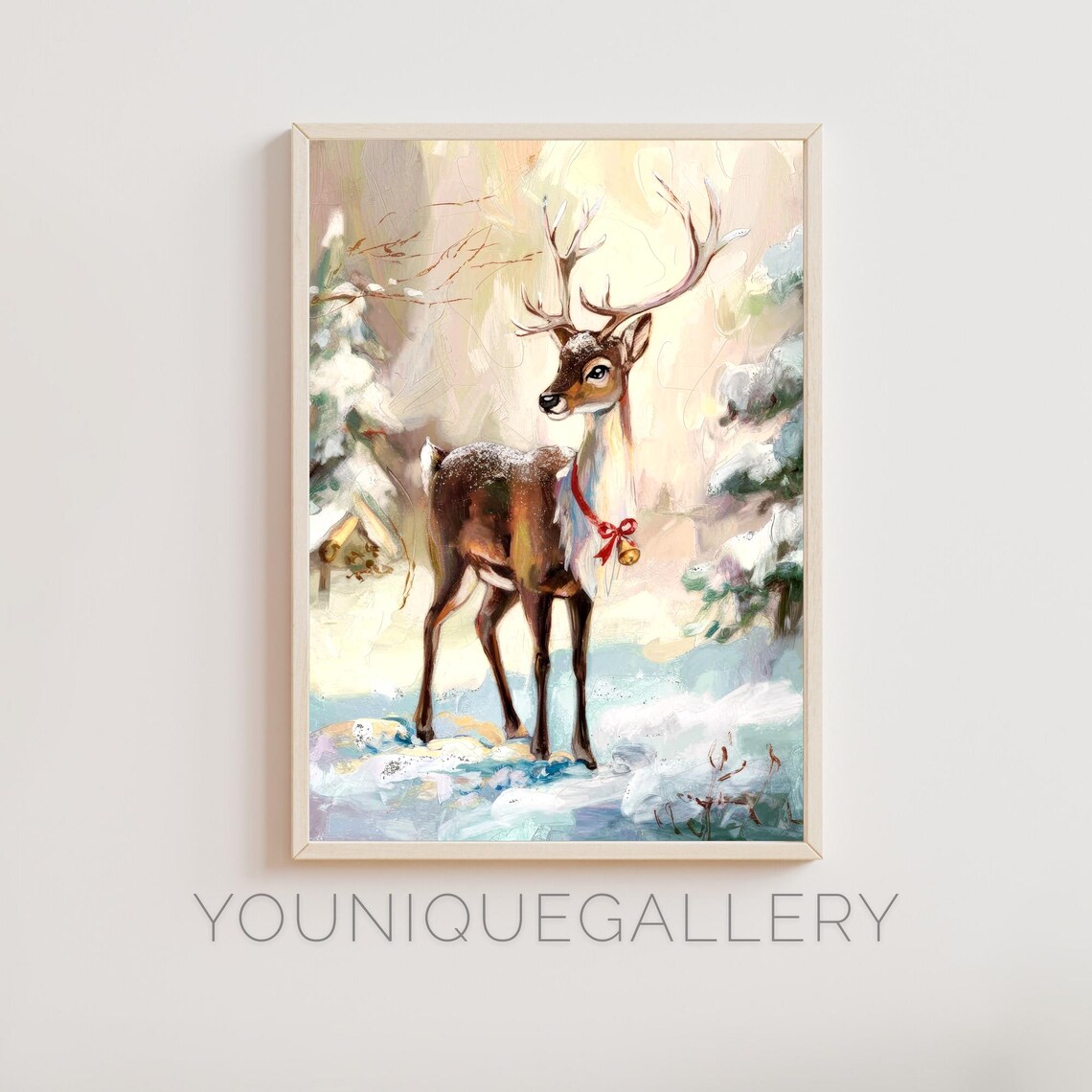 Christmas Reindeer in Snowy Woodland Winter Wildlife Scene Poster
