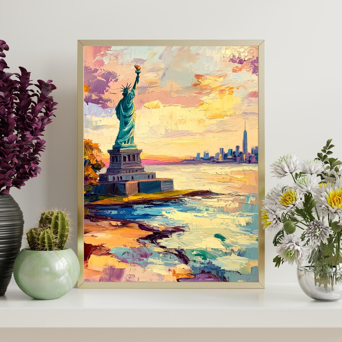 Statue Of Liberty New York Harbor Manhattan Skyline Sunset Painting Poster - Image 4