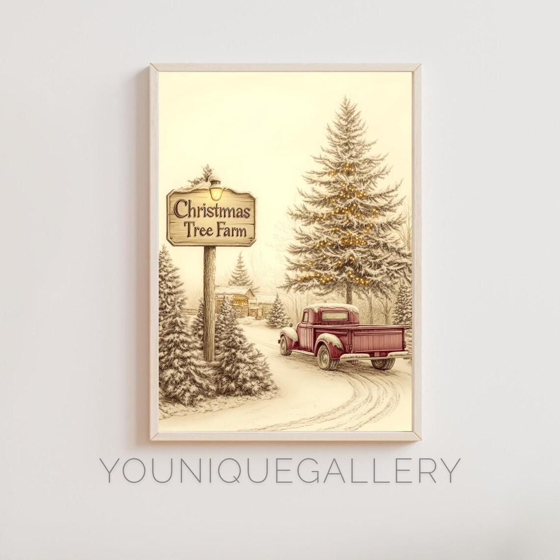 Christmas Tree Farm Sign Vintage Red Truck Snowy Scene Poster