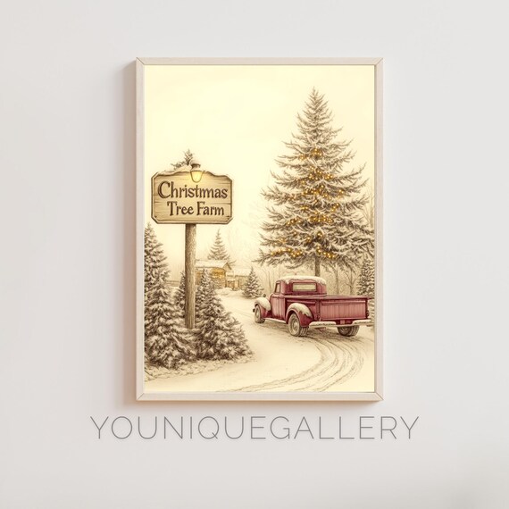 Christmas Tree Farm Sign Vintage Red Truck Snowy Scene Poster