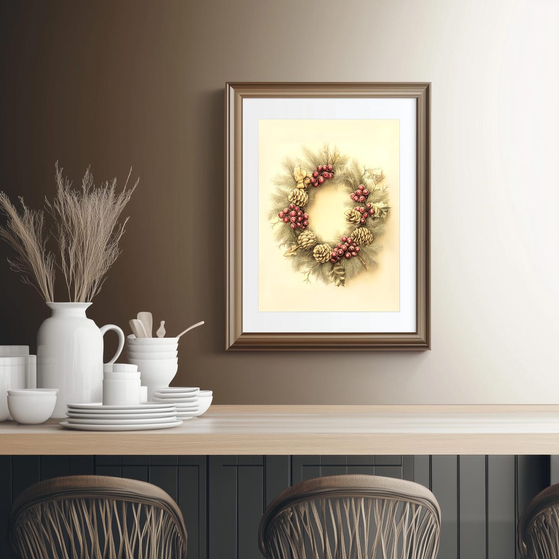 Vintage Christmas Wreath Pine Cones and Red Berries Art Poster - Image 2