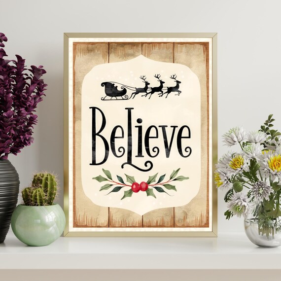 Believe Christmas Sign Santa Sleigh Vintage Holiday Art Poster