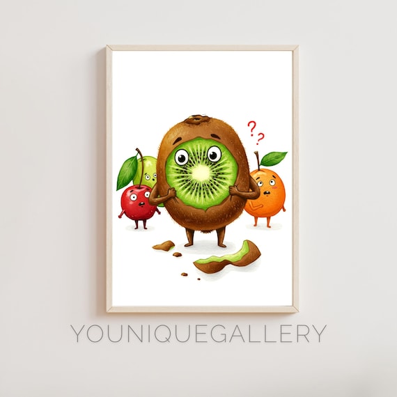 Funny Kiwi Quirky Fruit Art Whimsical Kitchen Decor Punny Food Illustration Instant