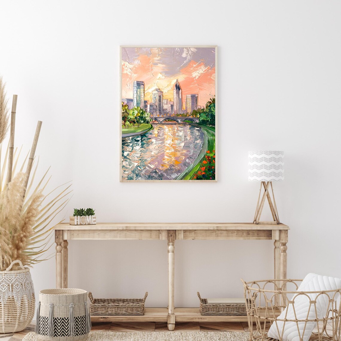 Columbus Ohio Skyline River Bridge Sunset Oil Painting Poster - Image 3