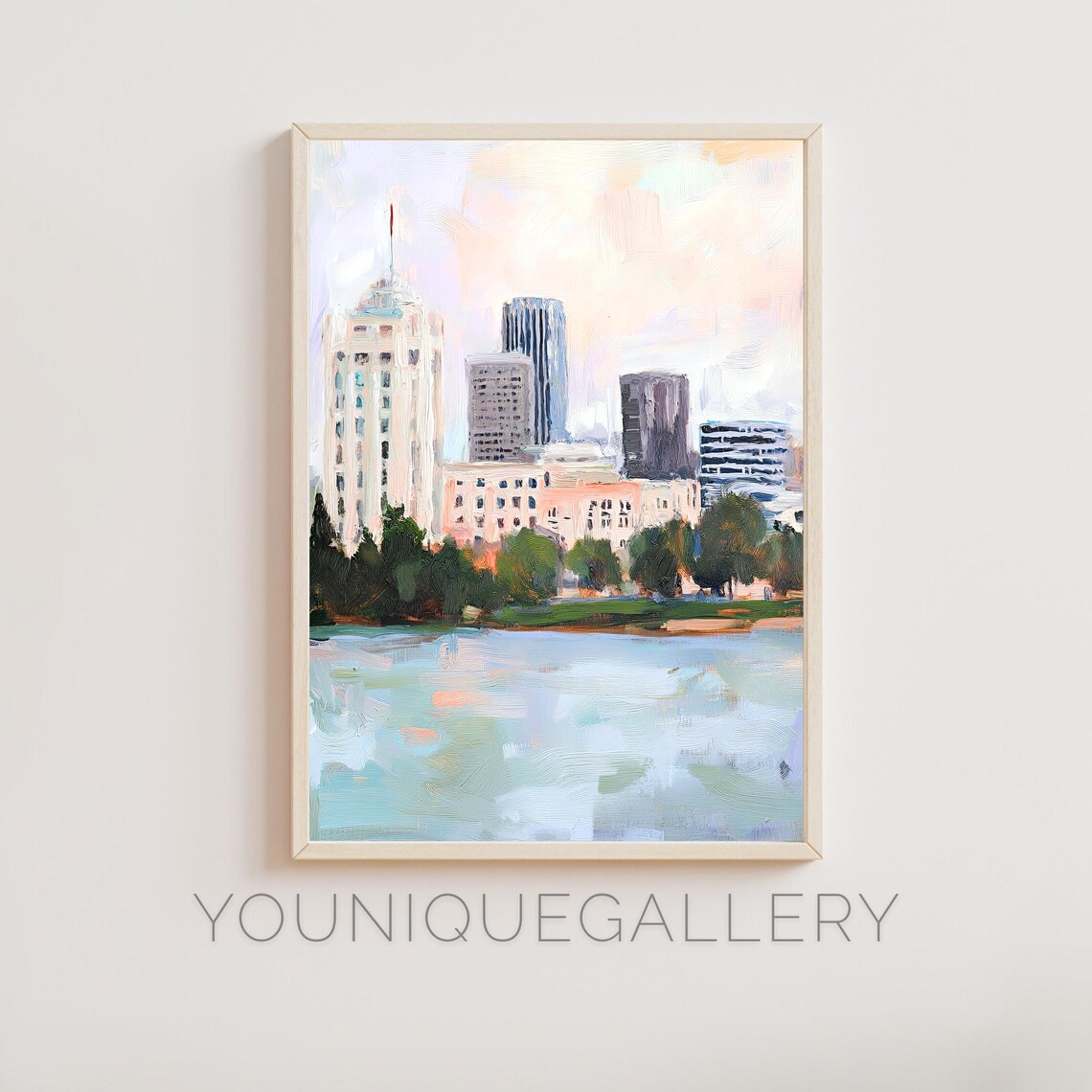 Oakland California Lake Merritt Skyline Bay Area Oil Painting Poster