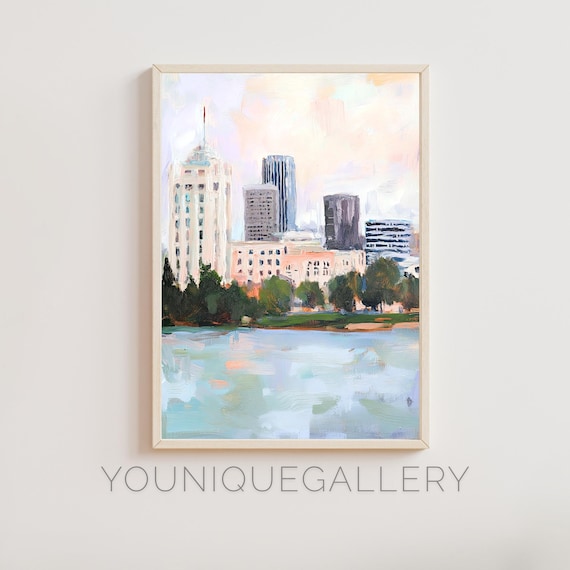 Oakland California Lake Merritt Skyline Bay Area Oil Painting Poster