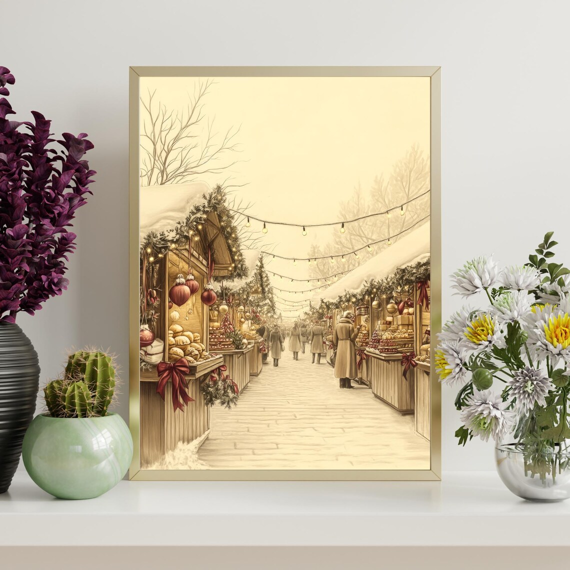 Vintage Christmas Market Wooden Stalls Festive Street Art Poster - Image 4