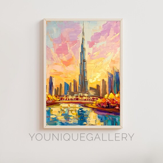 Burj Khalifa Dubai UAE Skyline Fountain Reflection Golden Sunset Painting Poster