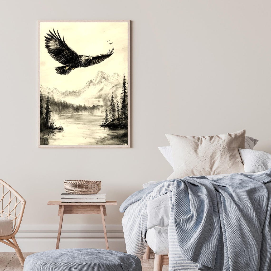 Bald Eagle Soaring Over Mountain Lake Ink Sketch Wildlife Wall Art - Image 2