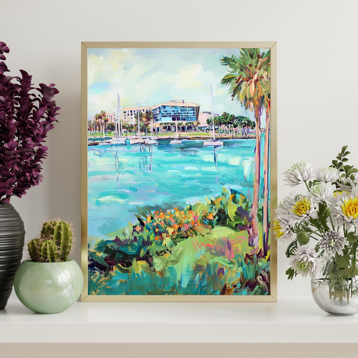 Waterfront Marina Palm Trees Sailboats Tropical Impressionist Wall Art - Image 4