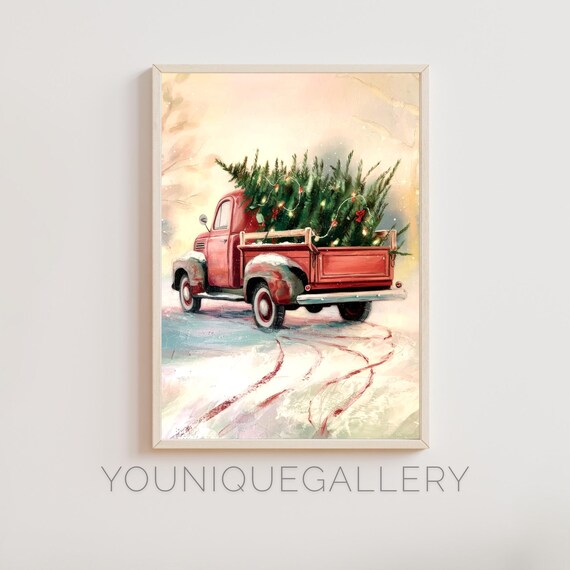 Vintage Red Truck With Christmas Tree Snow Painting Holiday Poster