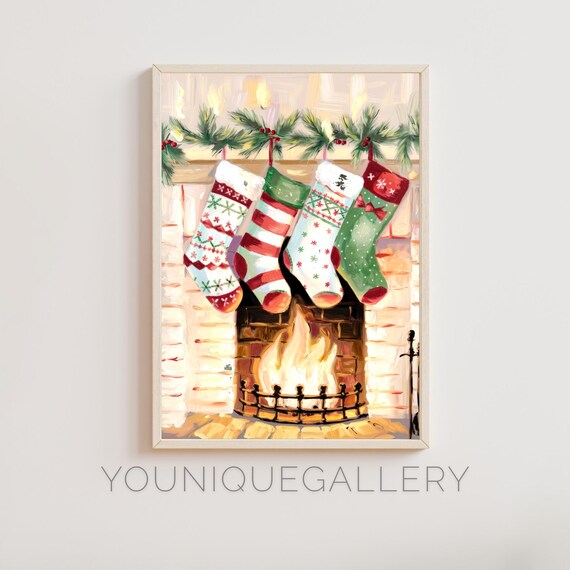 Christmas Stockings Hanging by a Warm Glowing Fireplace Poster
