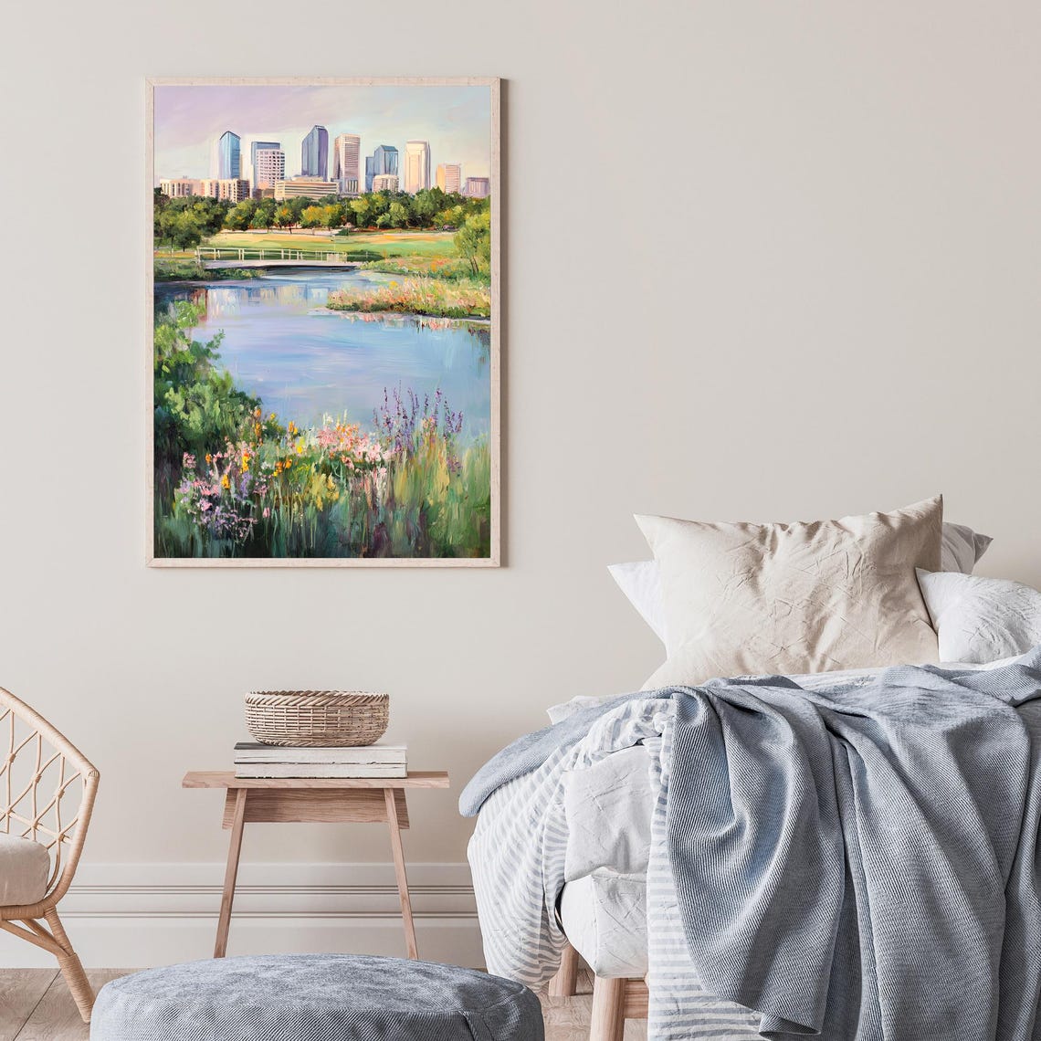 City Lake Wildflower Garden Bridge Skyline Impressionist Oil Wall Art - Image 2