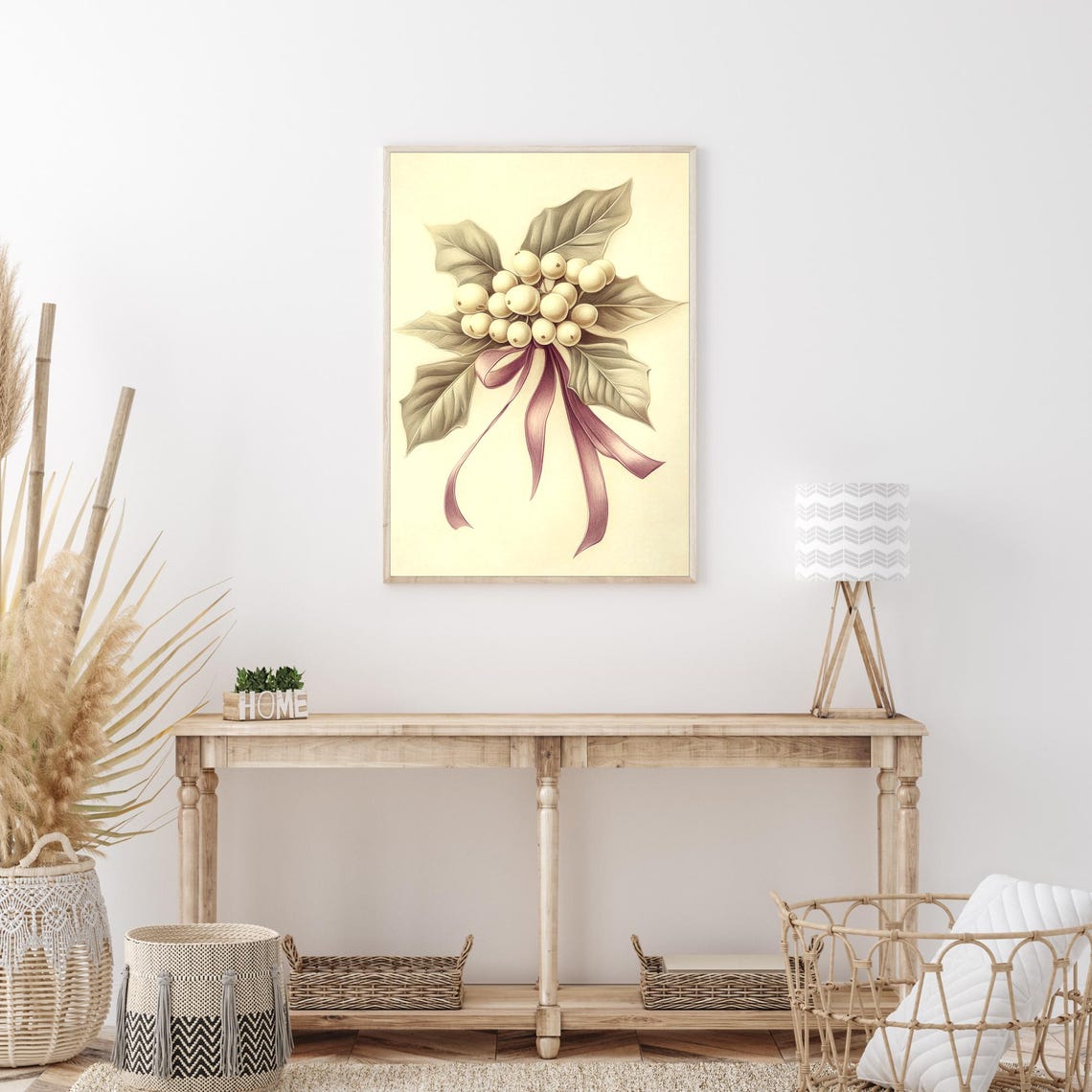 Elegant Christmas Mistletoe Botanical Art With Pink Bow Poster - Image 4