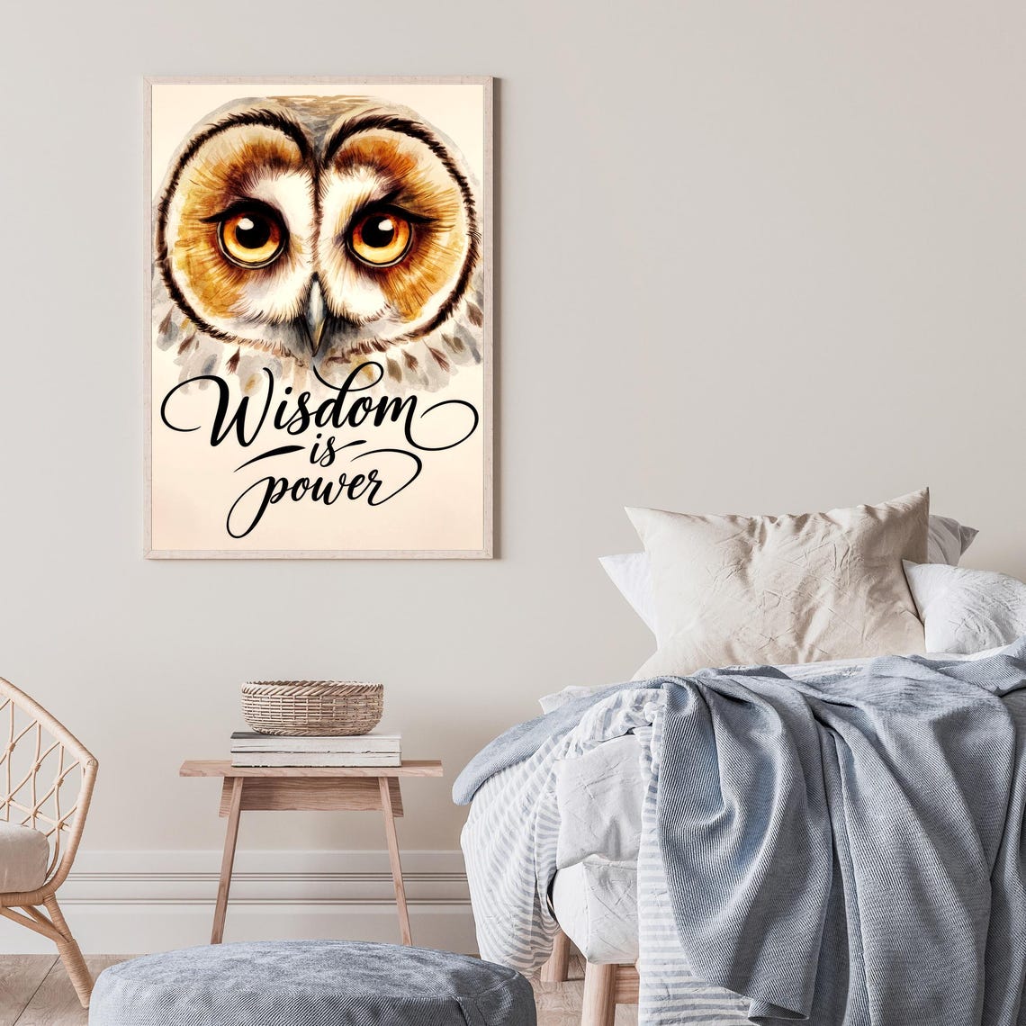Wisdom Is Power Owl Face Watercolor Inspirational Quote Poster - Image 2