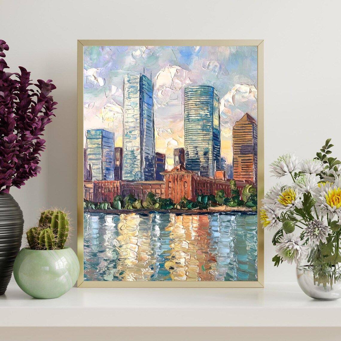 Boston Massachusetts Skyline Water Reflection Oil Painting Poster - Image 4