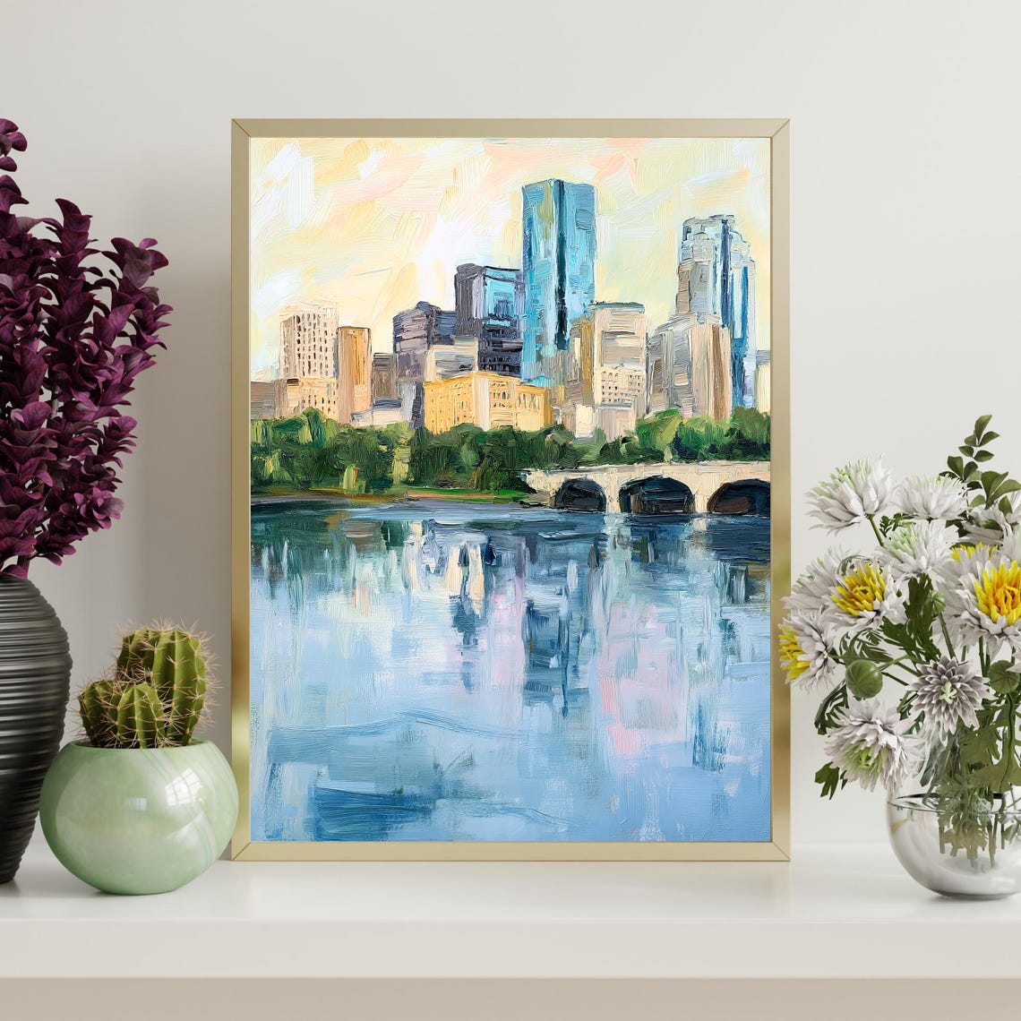 Minneapolis Minnesota Skyline Reflection Bridge Oil Painting Poster - Image 4