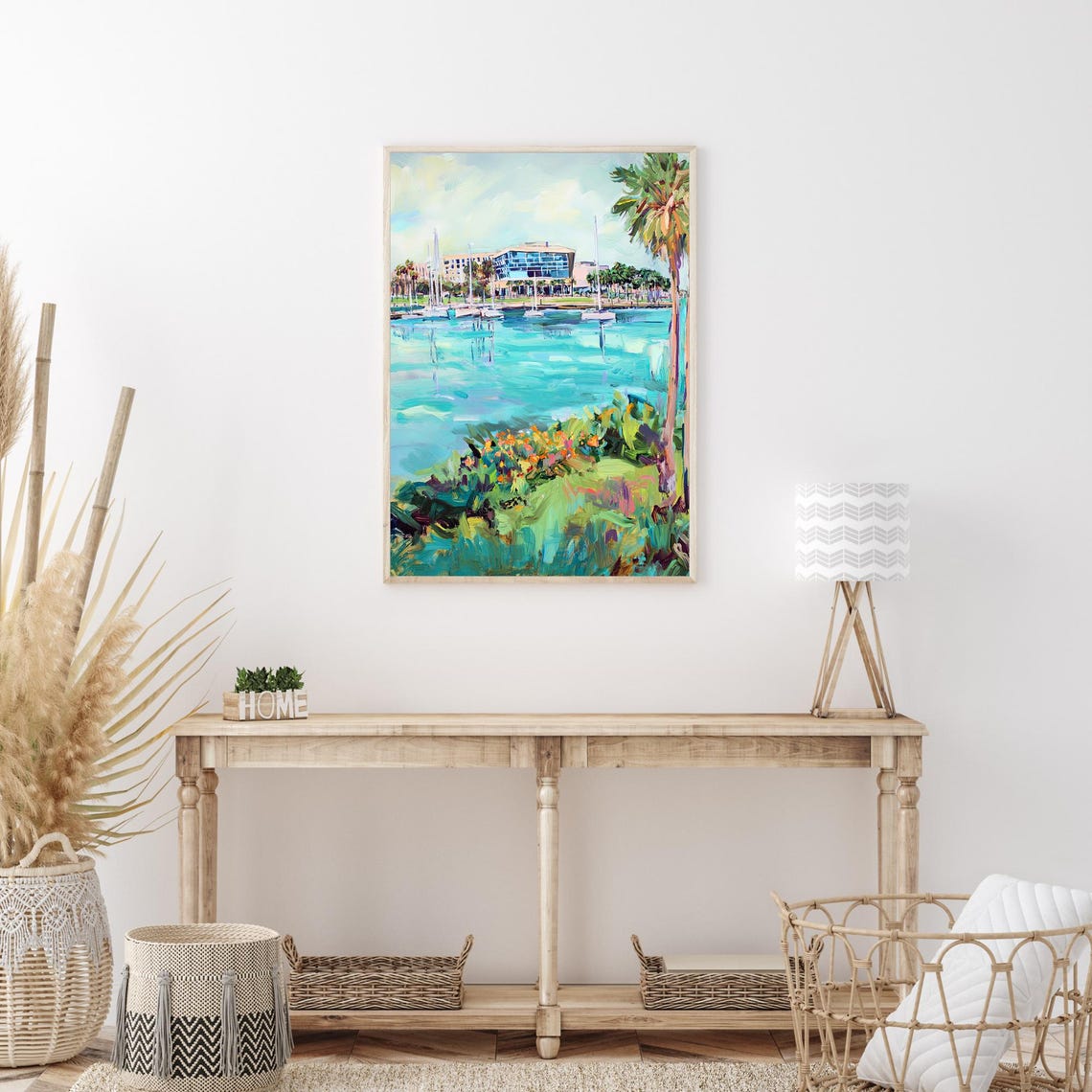 Waterfront Marina Palm Trees Sailboats Tropical Impressionist Wall Art - Image 3