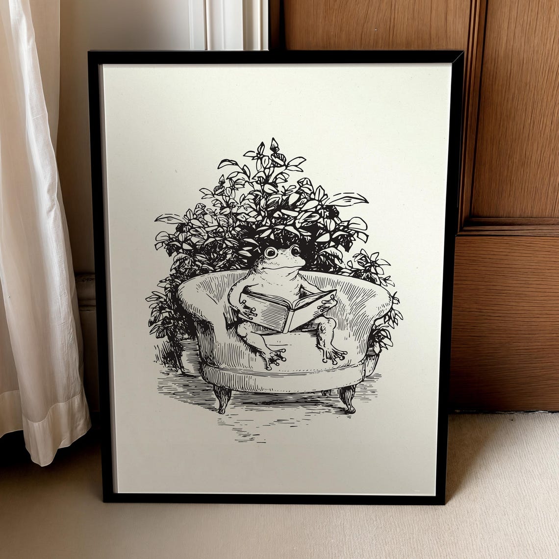 Frog Reading Book Whimsical Line Art Armchair Among Plants Cute Poster