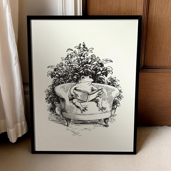 Frog Reading Book Whimsical Line Art Armchair Among Plants Cute Poster