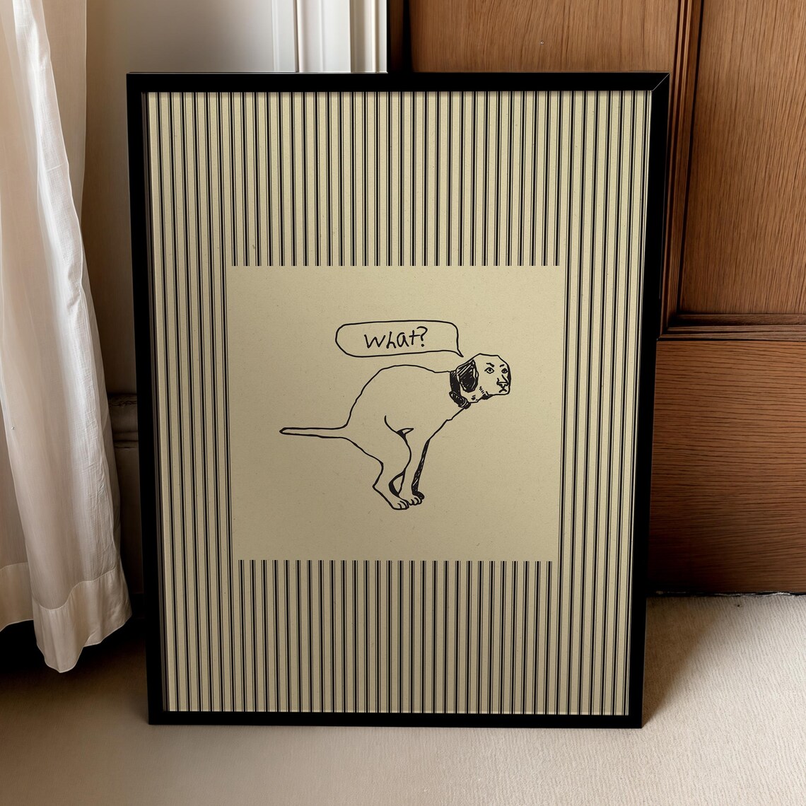 Funny What Dog Line Drawing Striped Bathroom Humor Chic Wall Art