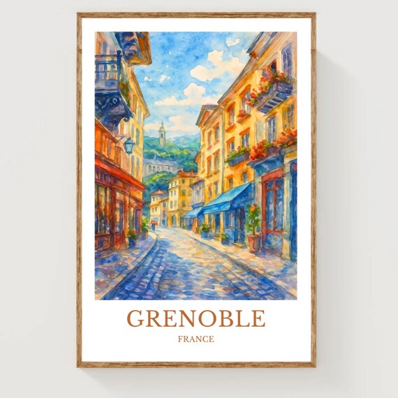 Grenoble France Cobblestone Street Watercolor Vintage Travel Poster Art