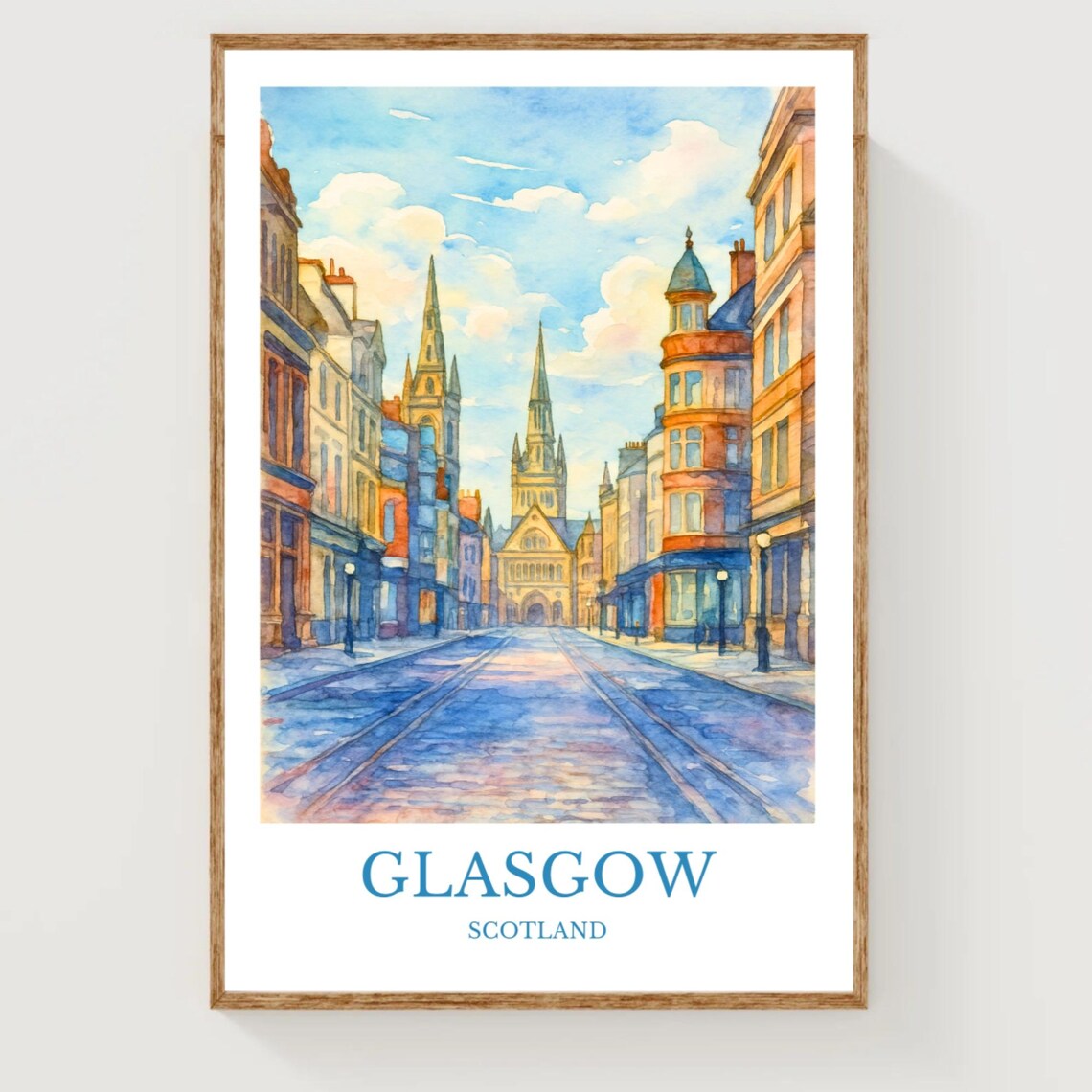 Glasgow Scotland Travel Poster Watercolor City Street Historic Church