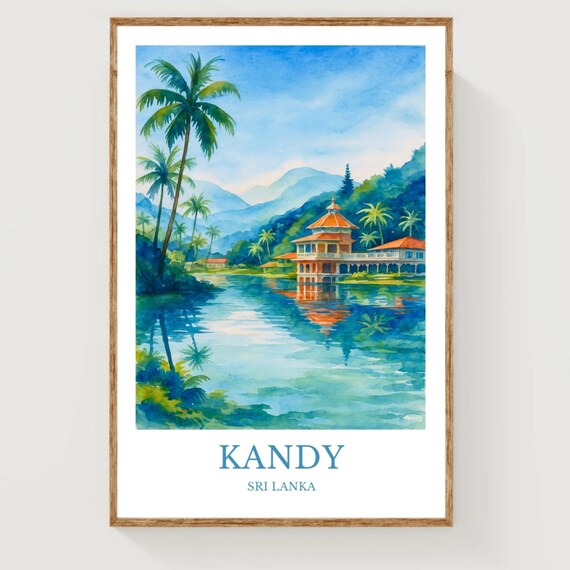 Kandy Sri Lanka Lake Temple Watercolor Tropical Travel Wall Art