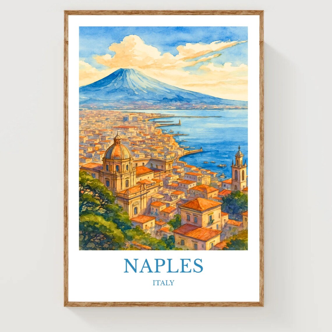 Naples Italy Watercolor Bay Vesuvius Seaside City Travel Poster