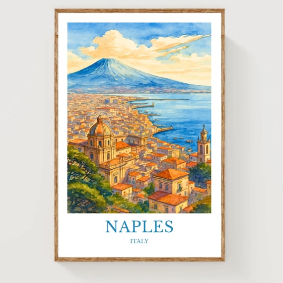 Naples Italy Watercolor Bay Vesuvius Seaside City Travel Poster