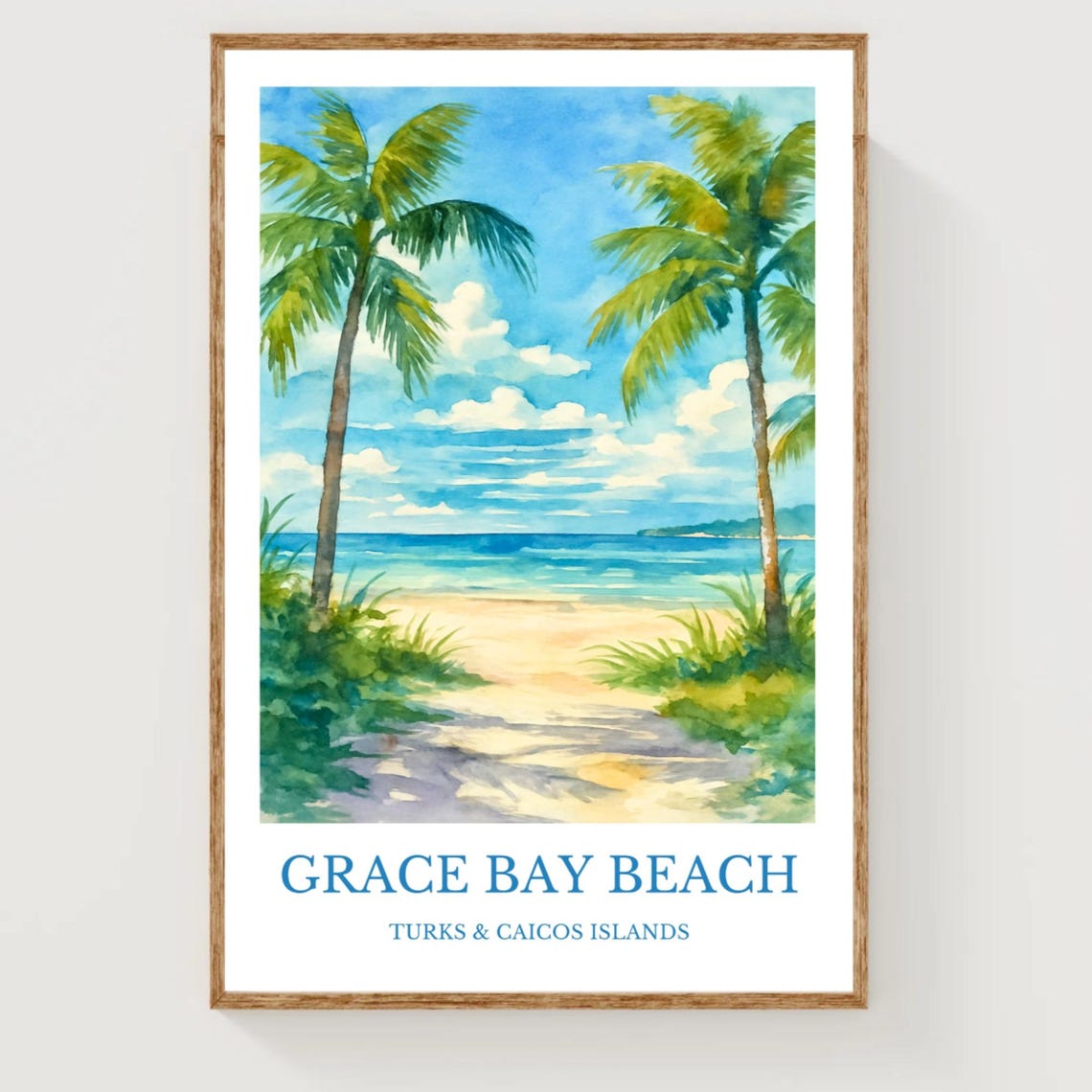 Grace Bay Beach Turks Caicos Palm Path Watercolor Travel Poster