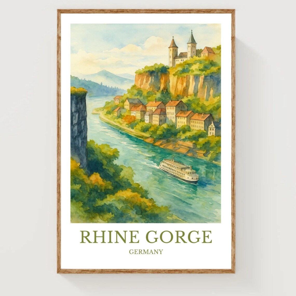 Rhine Gorge Germany River Castle Watercolor Europe Travel Poster