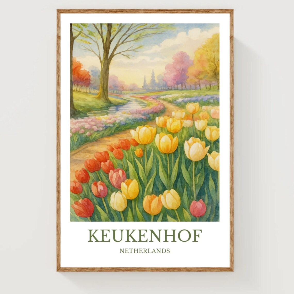 Keukenhof Tulip Fields Watercolor Netherlands Spring Travel Poster