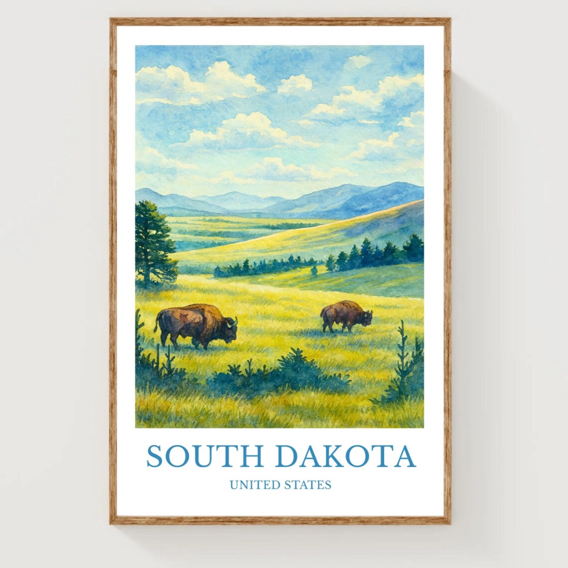 South Dakota Bison Prairie Watercolor Travel Poster US Midwest Art