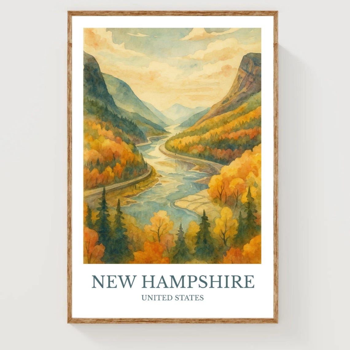 New Hampshire Fall Foliage River Valley Watercolor Travel Poster