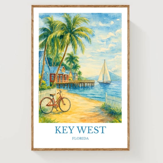 Key West Florida Watercolor Travel Poster Palms Pier Sailboat