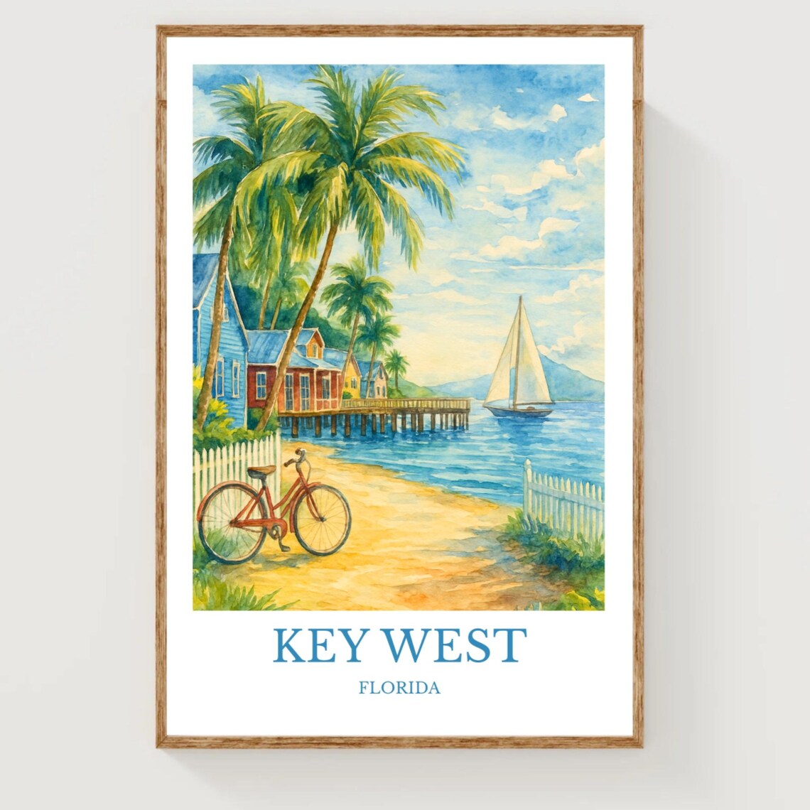 Key West Florida Watercolor Travel Poster Palms Pier Sailboat