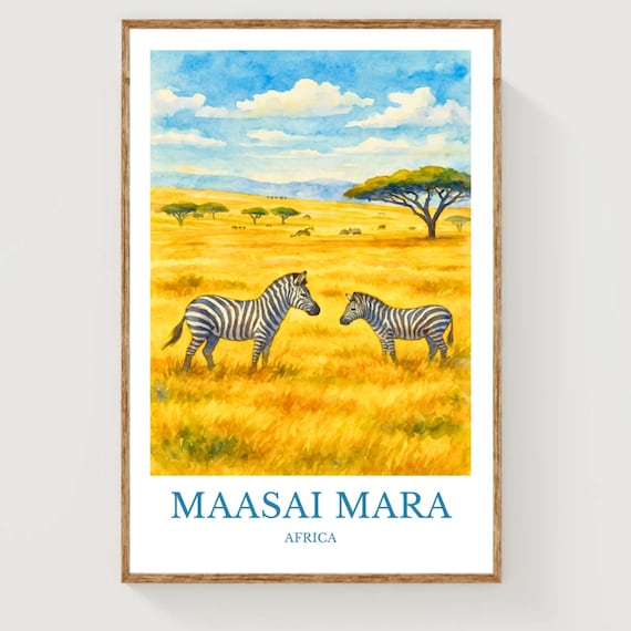 Maasai Mara Africa Zebras Savanna Watercolor Safari Travel Poster