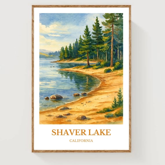 Shaver Lake California Pine Shoreline Watercolor Travel Poster